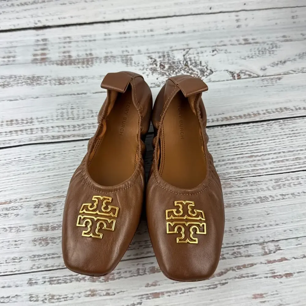 Tory Burch Britten Womens US 5M Ballet Flats Brown Leather Gold Logo